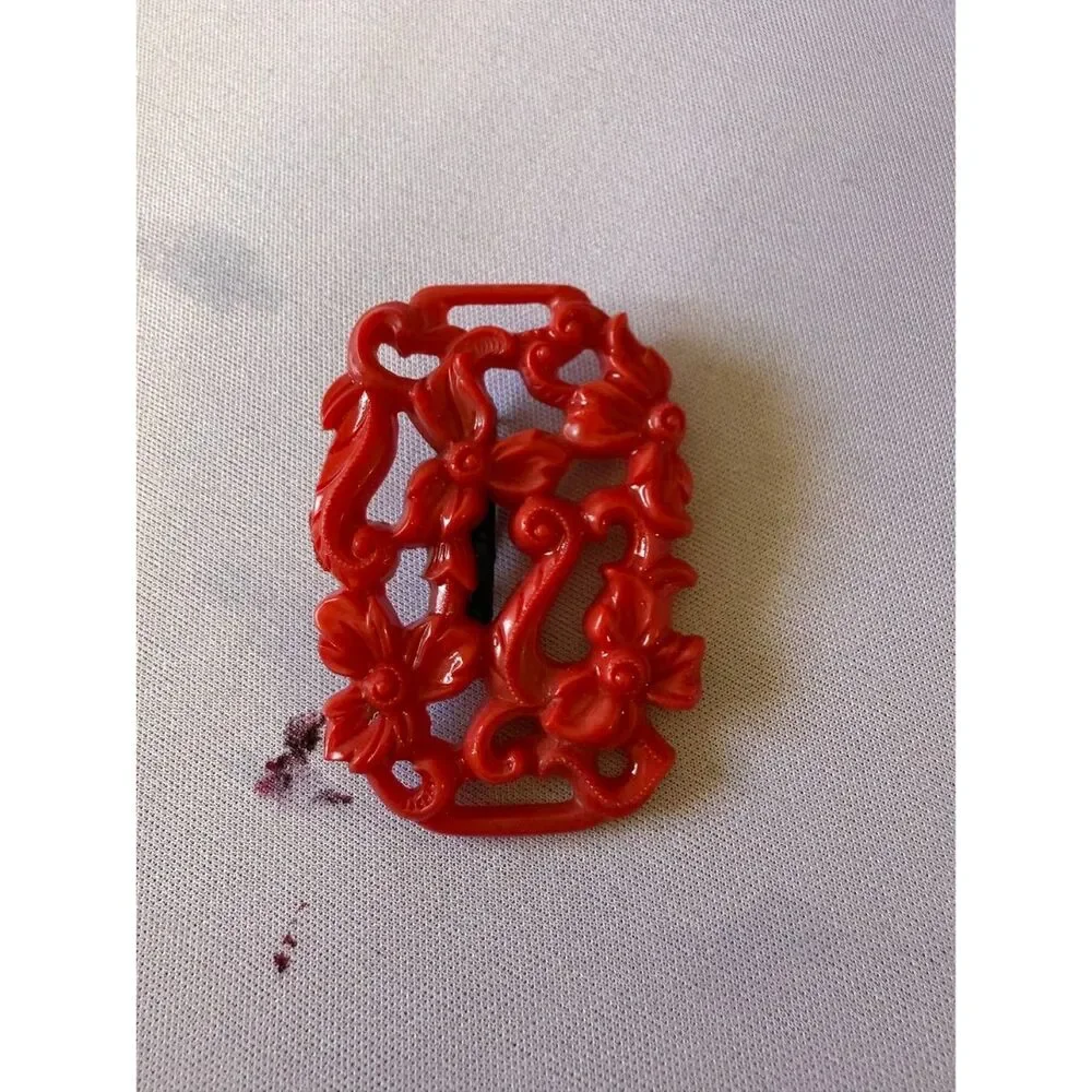 Vintage Jewelry 1930s Molded Red Floral & Vine Celluloid Plastic Brooch Pin